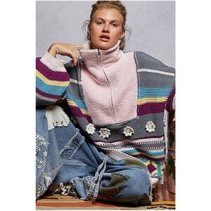 POL Color Block Chenille Half Zip Balloon Sleeve Patch Detail Sweater